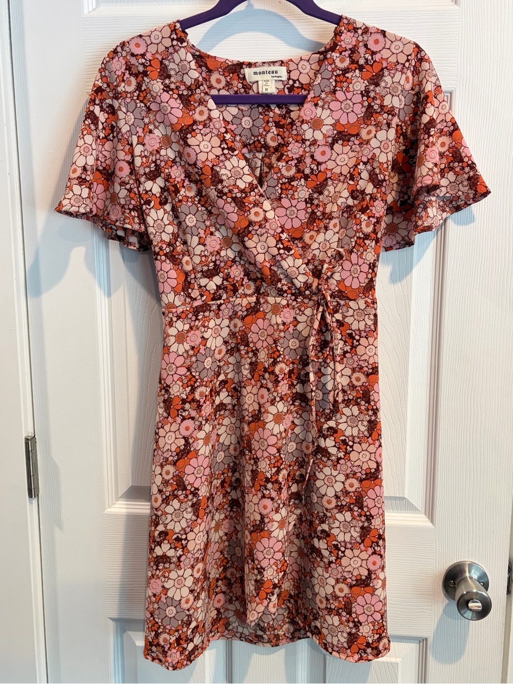 Monteau Pink Orange Floral Faux Wrap Mini Dress Medium
